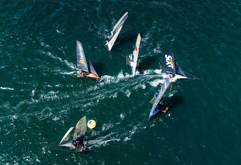 Action at the weather mark - 8ft Skiff NSW Championship 2024 photo copyright SailMedia taken at Australian 18 Footers League and featuring the 18ft Skiff class