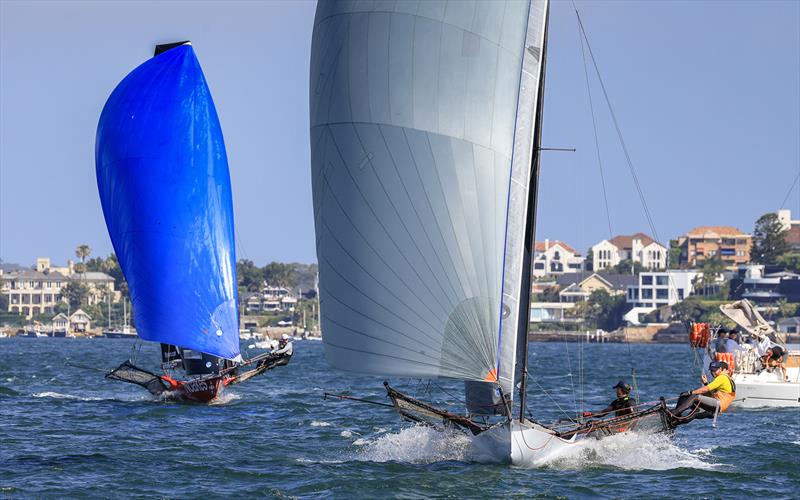 Gotcha 4 Life (grey spinnaker) won Race 5 handicap - 8ft Skiff NSW Championship 2024 photo copyright SailMedia taken at Australian 18 Footers League and featuring the 18ft Skiff class