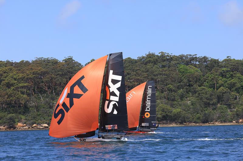 Sixt and Balmain head to the finish in Race 5 - 8ft Skiff NSW Championship 2024 photo copyright SailMedia taken at Australian 18 Footers League and featuring the 18ft Skiff class