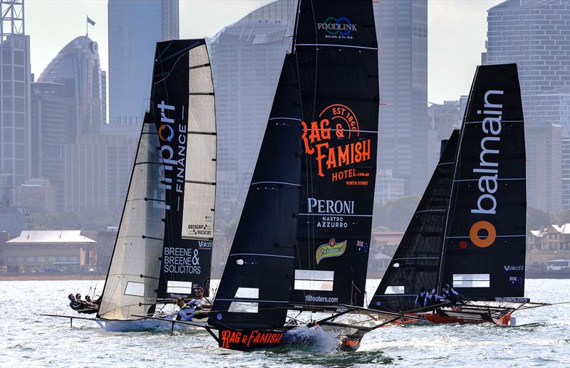 Finport Finance leads Rag and Famish Hotel and Balmain in Race 6 - 18ft Skiff NSW Championship 2024 photo copyright SailMedia taken at Australian 18 Footers League and featuring the 18ft Skiff class