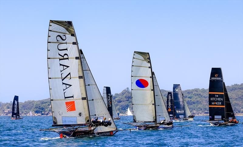 The fleet heads for the Rose Bay weather mark on Sunday - 18ft Skiff NSW Championship 2024 photo copyright SailMedia taken at Australian 18 Footers League and featuring the 18ft Skiff class