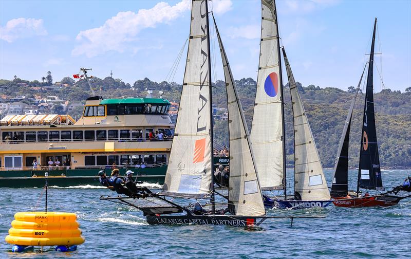 Lazarus leads Yandioo and Balmain - 18ft Skiff NSW Championship 2024 photo copyright SailMedia taken at Australian 18 Footers League and featuring the 18ft Skiff class