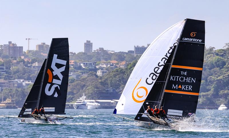 Sixt leads The Kitchen Maker on the ong spinnaker run back to the finish - 18ft Skiff NSW Championship 2024 photo copyright SailMedia taken at Australian 18 Footers League and featuring the 18ft Skiff class