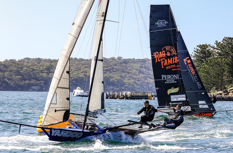 Yandoo at the weather mark - 18ft Skiff NSW Championship 2024 photo copyright SailMedia taken at Australian 18 Footers League and featuring the 18ft Skiff class