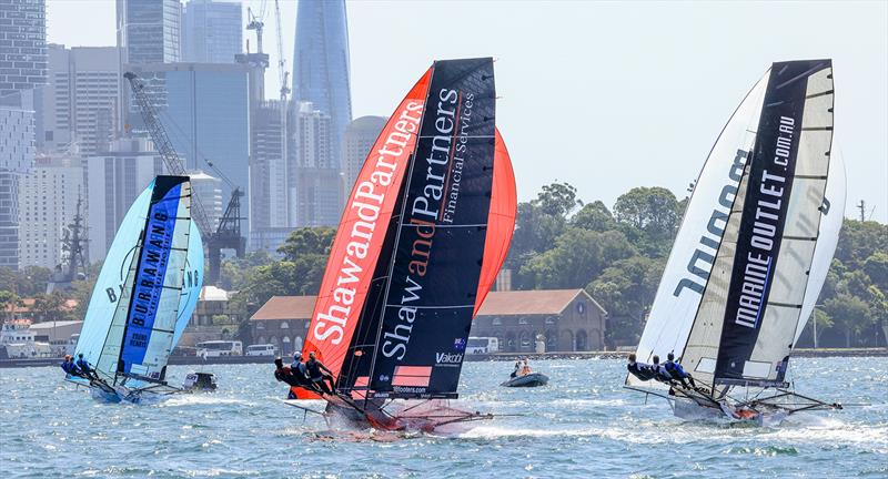 Approaching the wing mark under spinnaker - 18ft Skiff NSW Championship 2024 photo copyright SailMedia taken at Australian 18 Footers League and featuring the 18ft Skiff class