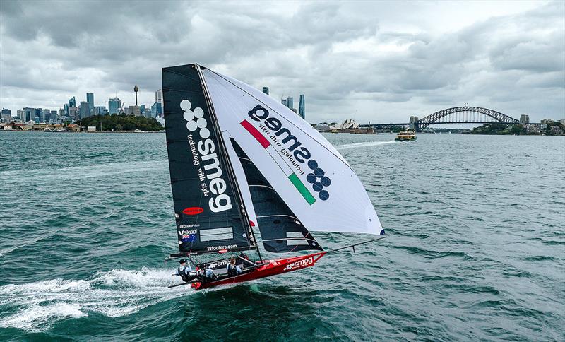 Smeg's latest skiff captured by the drone during the livestream video coverage photo copyright SailMedia taken at Australian 18 Footers League and featuring the 18ft Skiff class