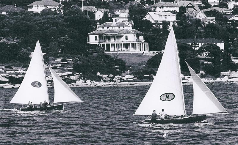 Cousins, Bill Barnett (Myra) and Don Barnett (Ajax) during the 1950s photo copyright Archive taken at Australian 18 Footers League and featuring the 18ft Skiff class