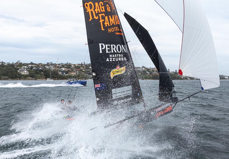 A view of The Rag's great boat speed, with the video team nearby photo copyright SailMedia taken at Australian 18 Footers League and featuring the 18ft Skiff class