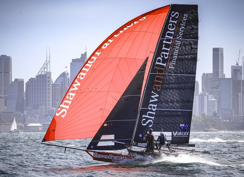 Shaw and Partners Financial Services on a spinnaker run - 18ft Skiff Season Point Score race 17 - photo © SailMedia