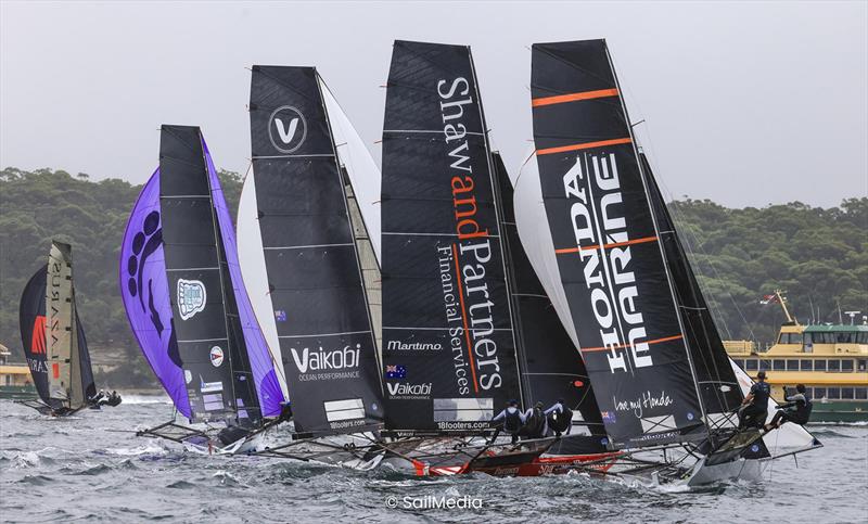 Winnings 2025 JJ Giltinan 18ft Skiff Championship Races 3 & 4: Tight racing downwind photo copyright SailMedia taken at Australian 18 Footers League and featuring the 18ft Skiff class