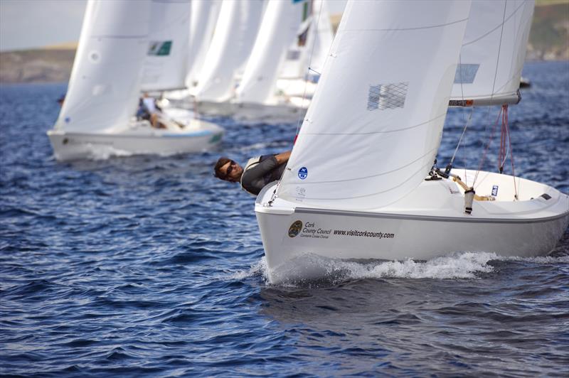 The crewman in the French boat heels out in the Sonar on day 2 of the Cork County Council IFDS Worlds 2013 photo copyright Michael Mac Sweeney / Provision taken at Kinsale Yacht Club and featuring the Sonar class