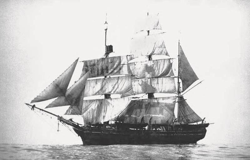 Rigged for whaling in the Sea of Japan and Sea of Okhotsk, the Morgan awaits a breeze with  almost all sails set. With both the lookout hoops above and a canvas-sided crow's nest at top-mast crosstrees, fore topgallant and royal yards have been removed - photo © Mystic Seaport Museum, 1945.452.20