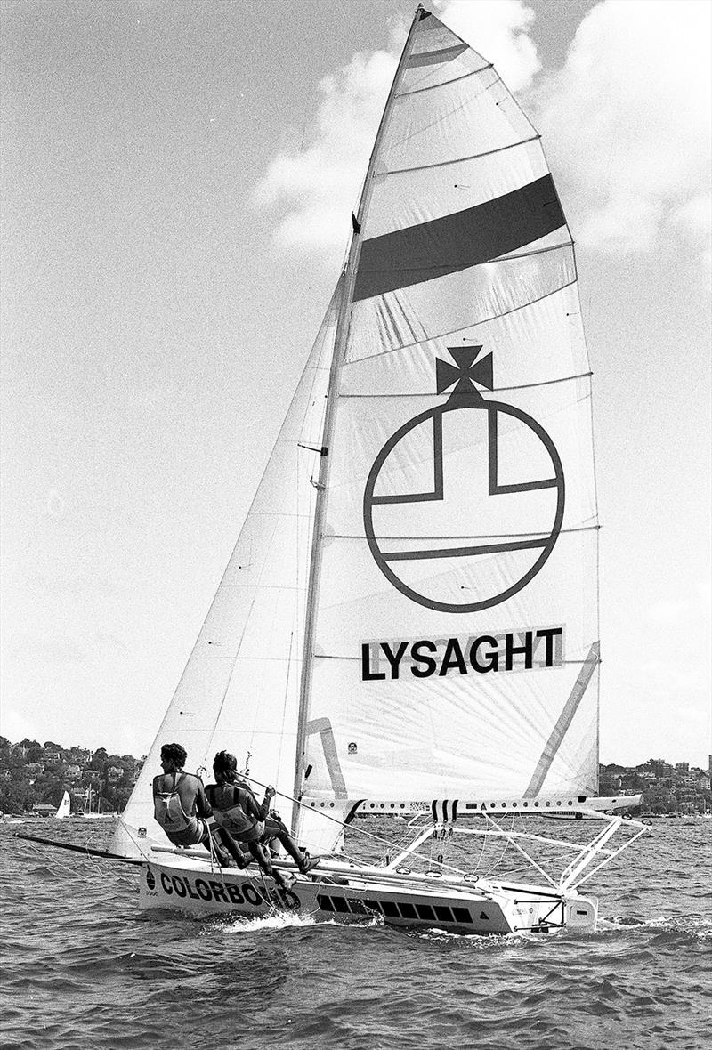 Lysaght Colorbond on the wind during the 1983-84 season photo copyright Bob Ross taken at Australian 18 Footers League and featuring the 12ft Skiff class