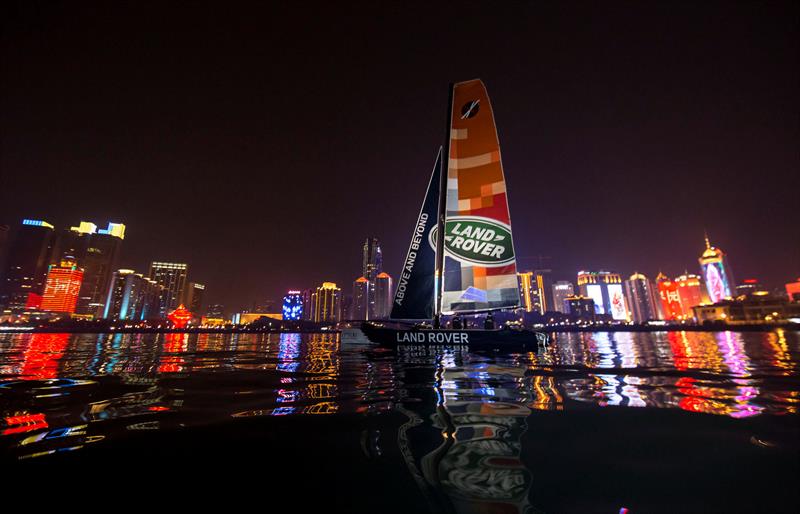 The Land Rover Extreme 40 took to the waters of Qingdao at night ahead of day 1 of Land Rover, Extreme Sailing Series Act 3 Qingdao, for the 'Double Star Mingren' Cup - photo © Lloyd Images