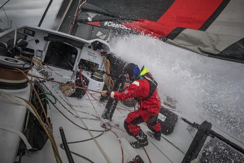 Leg 6 to Auckland, day 05 on board Sun hung Kai / Scallywag. Marcus Ashley-Jones making his way back inside. 11 February,  2018 - photo © Jeremie Lecaudey / Volvo Ocean Race