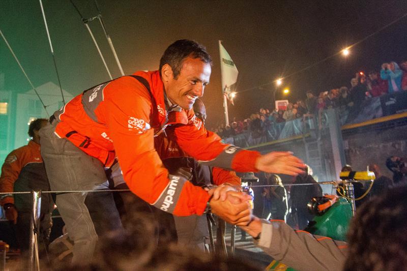 Groupama Sailing Team, skipper Franck Cammas from France, celebrates winning the Volvo Ocean Race 2011-12, after securing second place on leg 9 from Lorient, France to Galway, Ireland photo copyright Ian Roman taken at  and featuring the Volvo One-Design class