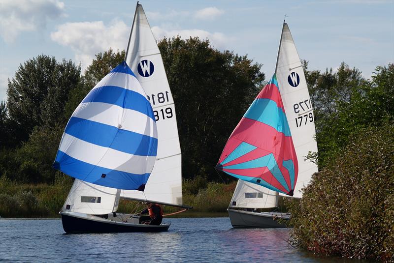 Colin and Sally Gilbert ahead of Mike and James Clayton - Wanderer Nationals at Cotswold SC photo copyright Peter Moreland taken at Cotswold Sailing Club and featuring the Wanderer class