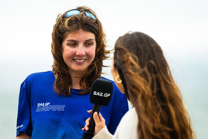 Rachael Betschart being interviewed by CJ Perez in front of the crowds during the SailGP Inspire Grand Final in San Francisco - photo © Benjamin Rosewall