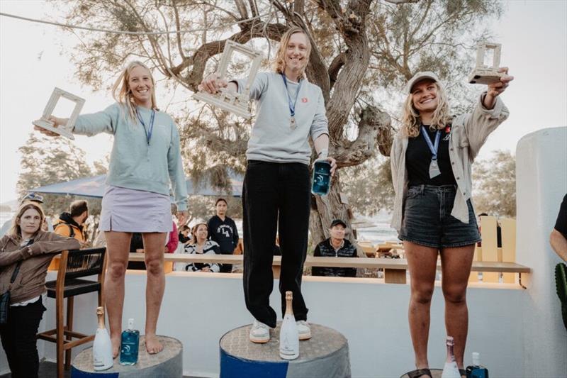 The 2024 Women's European Freestyle podium. From the left: Lisa Kloster, Maaike Huvermann and Elena Dominick - 2024 FPT Naxos photo copyright PROtography Official taken at  and featuring the Windsurfing class