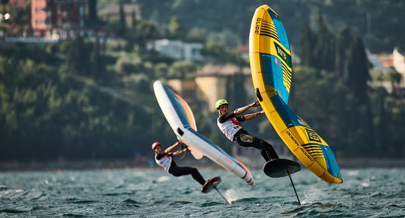 Mathis Ghio being chased hard by Nicolo Spanu - Pascucci WingFoil Racing World Cup Campione del Garda 2023 - Day 2 - photo © IWSA media / Robert Hajduk