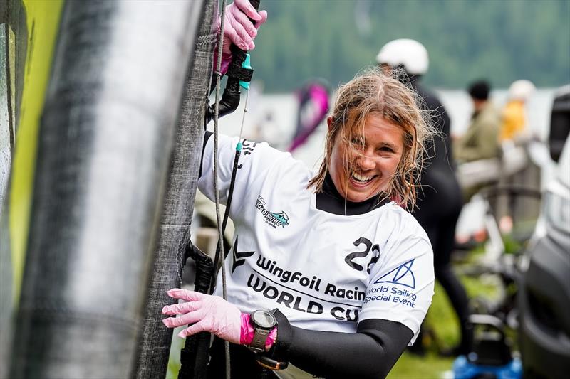 Julia Repschlager laughs as she shows off her new glove innovations - Ensis Engadinwing 2024 Formula Wing Europeans - photo © IWSA Media / Sailing Energy