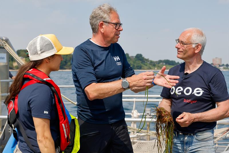 Microbiologist Rüdiger Stöhr (right) explains the results of the first seaweed collection campaign to Head of Organization Dirk Ramhorst and Lena Erdil, Kiel Week winner in iQFOiL and now working for the major event - photo © Christian Beeck