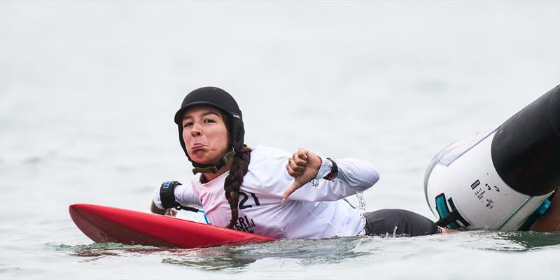 Brazilian rider Felicitas Ceballos looking unimpressed with lack of wind - 2024 WingFoil Racing World Cup Brazil photo copyright IWSA media/ Robert Hajduk taken at  and featuring the Wing Foil class