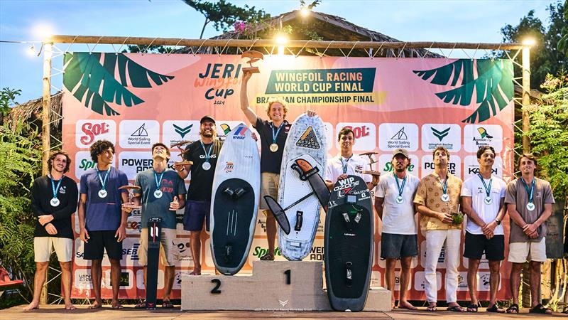 Kamil Manowiecki celebrates his second event win of 2024 - 2024 WingFoil Racing World Cup Brazil photo copyright IWSA media/ Robert Hajduk taken at  and featuring the Wing Foil class